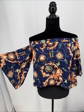 Rumor Boutique Vibrant celestial flowy crop high low off shoulder top size 8